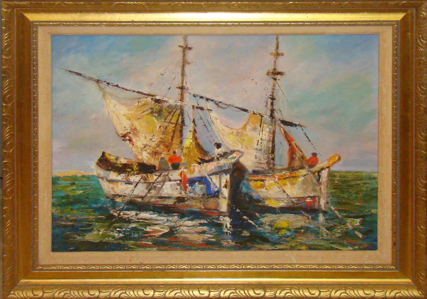 Mid Century Impressionistic Fishing Boats Oil Painting | Modernism